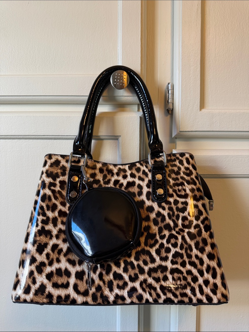 Leopard Print Patent Tote with Black Trim